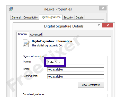 Screenshot of the Safe Down certificate